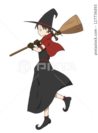 A girl witch carrying a broom and wearing a tricorn hat 127736893