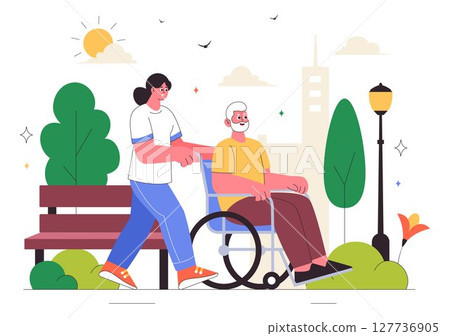 Elderly Care Services Vector Illustration Featuring Life with a Caregiver, Nursing Home, Assisted Living, and Support in a Flat Style Background 127736905