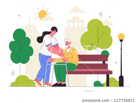 Elderly Care Services Vector Illustration Featuring Life with a Caregiver, Nursing Home, Assisted Living, and Support in a Flat Style Background 127736911