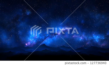 Night Sky Majesty: Blue Nebula Over Silhouetted Mountains 127736940