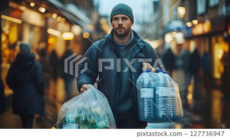 Man Carries Groceries and Water Bottles Through Busy City Street 127736947