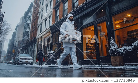 Man in White Outfit Walks in Snow Carrying Boxes on City Street 127736949