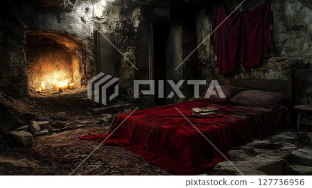 Dark grunge bedroom in ruined building fireplace candles 127736956
