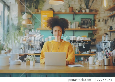 Woman with Headphones Working on Laptop at Cafe Counter with Pla Woman with Headphones Working on Laptop at Cafe Counter with Pla 127736964