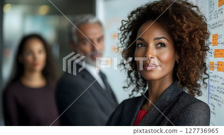 Confident businesswoman with curly hair stands before a whiteboa 127736965