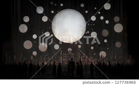 Silhouetted Crowd Gazing at Illuminated Cityscape Under Suspende 127736968