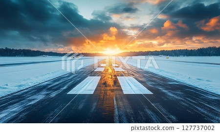 Snowy Runway at Sunset: Dramatic Winter Flight Scene 127737002