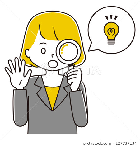 一位身穿西裝的女士透過放大鏡看的插圖，驚訝的微型燈泡 127737134