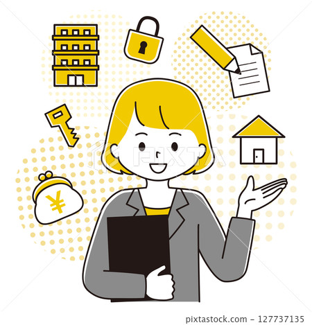 一位身穿西裝的女士正在參觀的插圖房地產問卷調查表 127737135