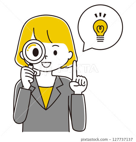 Illustration of a woman in a suit looking into a magnifying glass, pointing at a light bulb 127737137