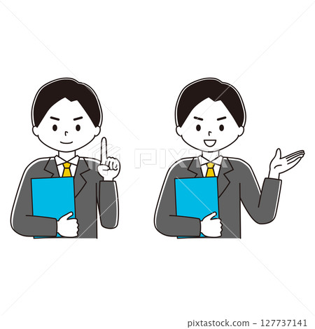 圖解集:一位穿著西裝的男人面帶微笑地指路 圖解集:一位穿著西裝的男人面帶微笑地指路 127737141