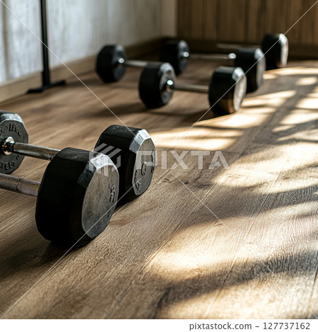 A view of a wooden floor with sunlight streaming in and dumbbells 127737162