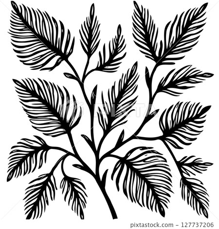 Black and White Hand-Drawn Illustration of Trees and Leaves on a White Background 127737206
