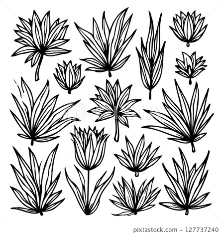 Festive monochrome pattern of hand-drawn Christmas trees and scattered snowflakes 127737240
