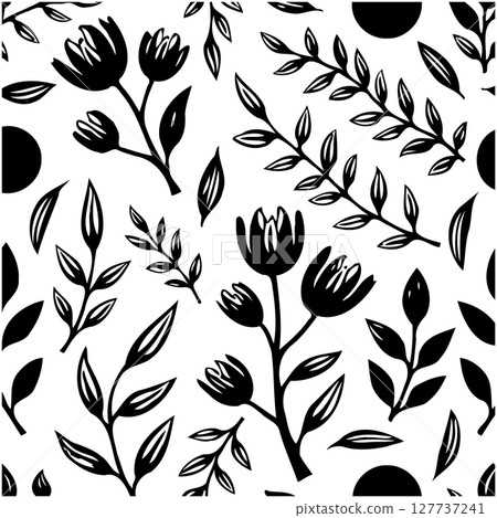 Hand-Drawn Black and White Christmas Trees Seamless Pattern with Snowflakes 127737241