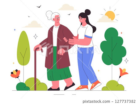 Elderly Care Services Vector Illustration Featuring Life with a Caregiver, Nursing Home, Assisted Living, and Support in a Flat Style Background 127737382