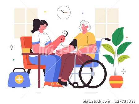 Elderly Care Services Vector Illustration Featuring Life with a Caregiver, Nursing Home, Assisted Living, and Support in a Flat Style Background 127737385