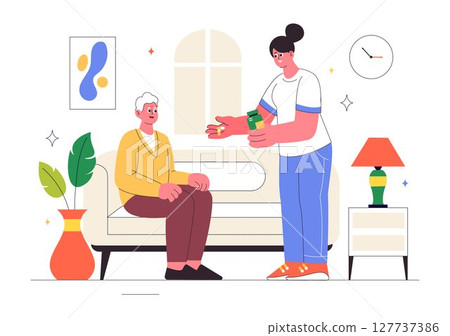 Elderly Care Services Vector Illustration Featuring Life with a Caregiver, Nursing Home, Assisted Living, and Support in a Flat Style Background 127737386