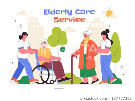 Elderly Care Services Vector Illustration Featuring Life with a Caregiver, Nursing Home, Assisted Living, and Support in a Flat Style Background 127737392