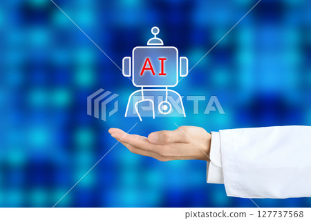 一位身穿白大褂的人的手舉著 AI 醫生圖標的圖像 127737568