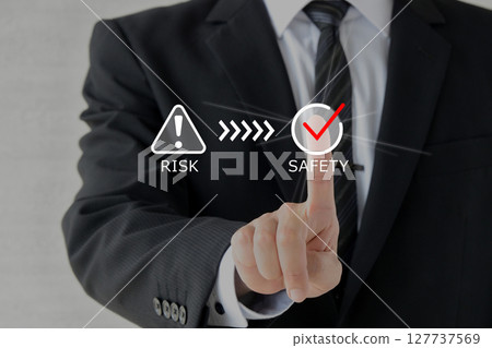Image of a businessman confirming safety from a risky situation 127737569