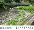 Summer scenery of a river, a bridge and green bank 127737783