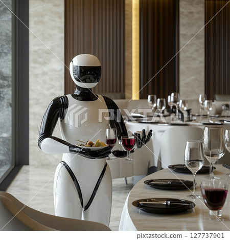 在高級餐廳工作的人形服務機器人 在高級餐廳工作的人形服務機器人 127737901