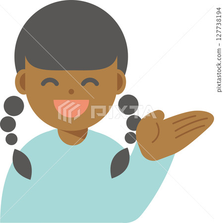 Smiling woman icon with one hand raised Smiling woman icon with one hand raised 127738194