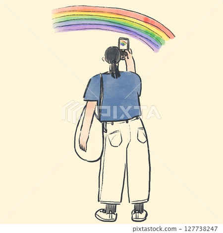 A woman taking a photo of a rainbow with her smartphone 127738247