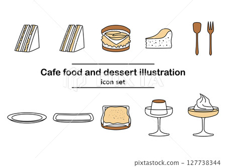 咖啡廳小吃和甜點手繪圖標套裝 | 三明治、漢堡包、布丁、蛋糕、咖啡 127738344