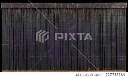 Dark Wooden Panel with Interwoven Grid Pattern and Subtle Purple 127738384