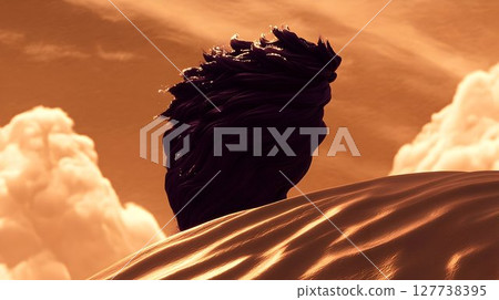 Dark Wavy Sculpture on a Golden Sand Dune Under a Cloudy Sunset 127738395