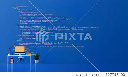 Minimalist Workspace with Code Projected on Blue Wall 127738400
