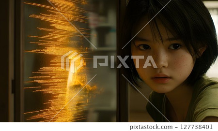 Young Woman Gazing at Illuminated Code Reflected in Glass, Soft 127738401