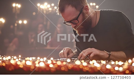 Focused bearded man working on glowing digital surface 127738403