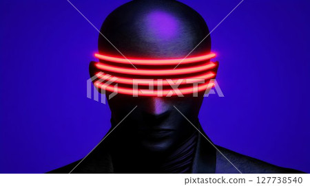 Futuristic robot head with glowing red visor technology concept Futuristic robot head with glowing red visor technology concept 127738540