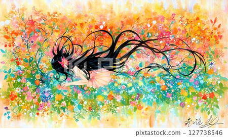 Woman in vibrant floral watercolor field fantasy art colorful flowers 127738546