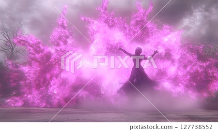 Woman in pink fire mystical fantasy scene Woman in pink fire mystical fantasy scene 127738552