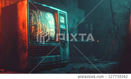 Retro television set with grunge texture and teal orange lighting Retro television set with grunge texture and teal orange lighting 127738562