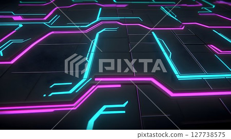 Glowing circuit board lines abstract technology background Glowing circuit board lines abstract technology background 127738575