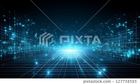 Abstract digital data stream glowing blue lines and particles 127738583