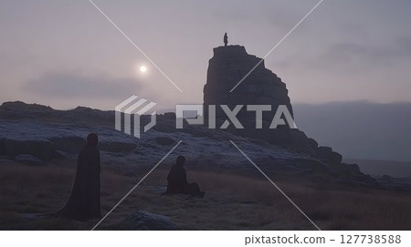 Mystical mountain landscape silhouette at dawn 127738588