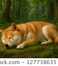 Shiba Inu sleeping in a healing forest (realistic illustration) 127738635