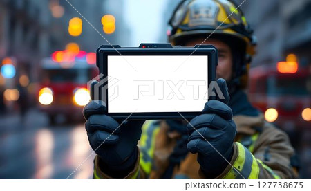 A firefighter displays a tablet with an empty...-插圖素材 [127738675] - PIXTA圖庫