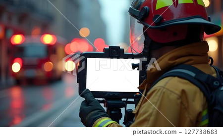 A firefighter holds a tablet with a blank screen, prepared to access vital information during a rescue operation 127738683