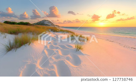 Sunset beach path footprints serene coastal landscape panorama Sunset beach path footprints serene coastal landscape panorama 127738746