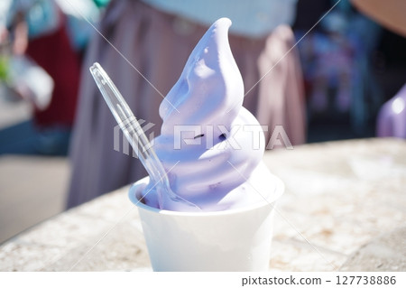 A cup of lavender flavored soft serve ice cream. I ate this on a trip to a lavender field. A cup of lavender flavored soft serve ice cream. I ate this on a trip to a lavender field. 127738886