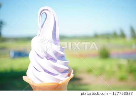 I ate the famous lavender soft serve ice cream at a tourist spot with lavender fields. I ate the famous lavender soft serve ice cream at a tourist spot with lavender fields. 127738887