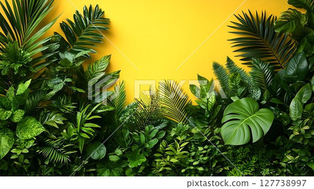 Lush green tropical leaves and plants on yellow background 127738997