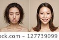 Comparison image of a woman with messy hair and a woman with shiny hair 127739099